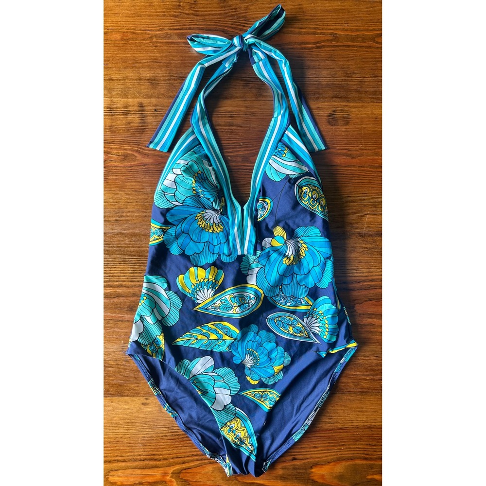 Trina Turk Plunge Maillot 1pc Swimsuit Turquoise Navy Floral 12 Large